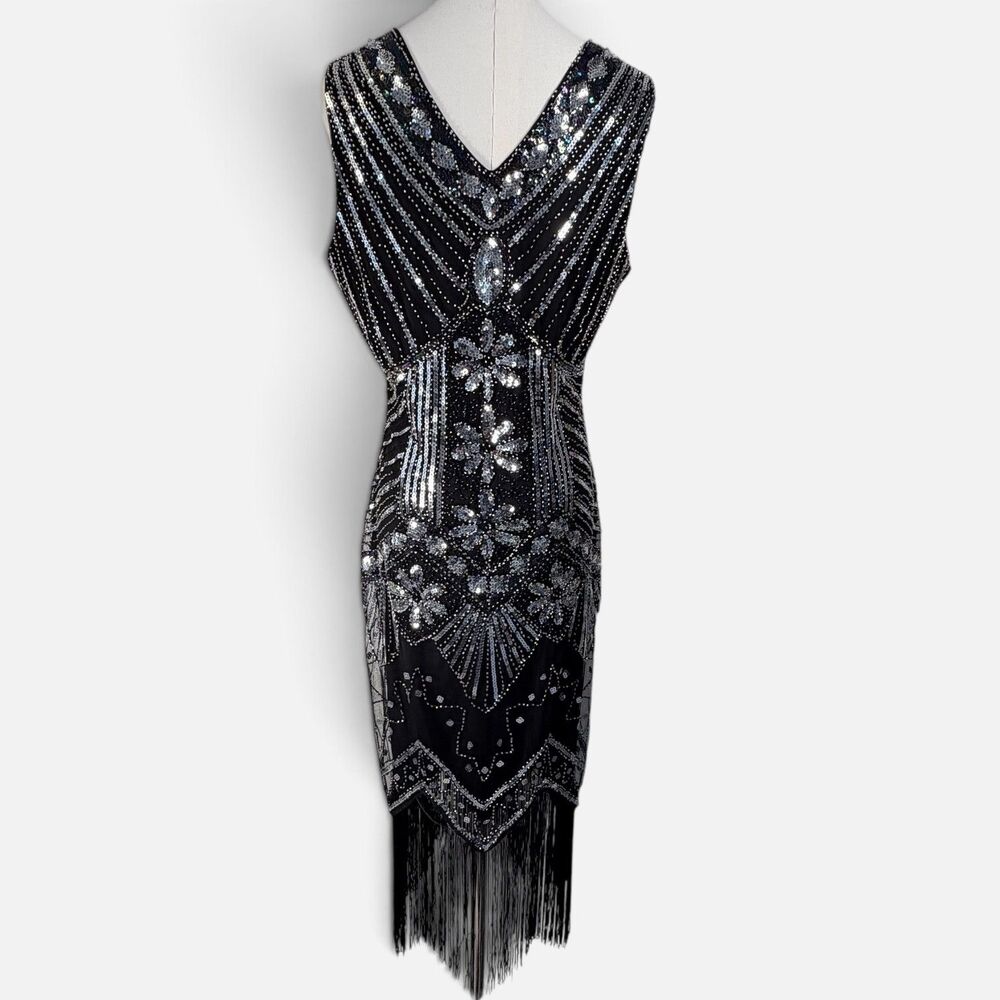 Black Sequin Flapper Dress Great Gatsby 1920s Fringe Beaded Cocktail Dress